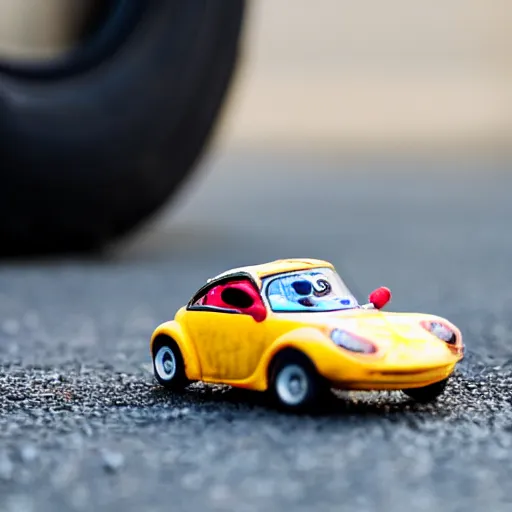 Image similar to toy car next to a tire, bokeh