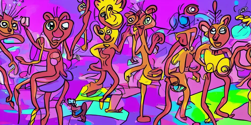 Prompt: a purple lemur dancing in a disco with other colorful lemurs in the background, cartoon artstyle