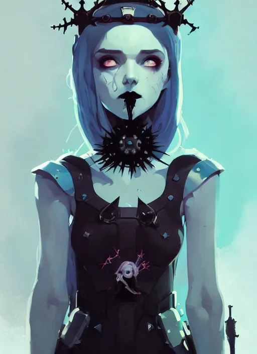 Image similar to portrait of cute goth maiden girl with crown of thorns in cyber armor, warhammer, cyberpunk, by atey ghailan, by greg rutkowski, by greg tocchini, by james gilleard, by joe fenton, by kaethe butcher, dynamic lighting, gradient light blue, brown, blonde cream and white color in scheme, grunge aesthetic