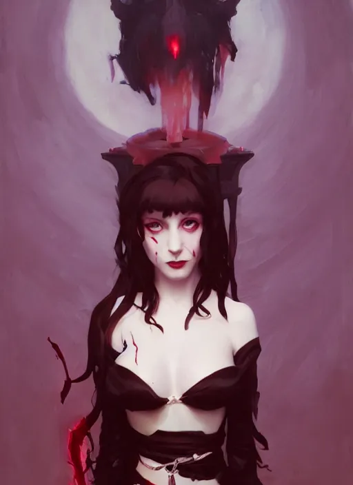 Prompt: portrait of a cute goth girl making a blood sacrifice, painting by sargent and leyendecker, studio ghibli, fantasy, medium shot, asymmetrical, intricate, elegant, matte painting, hearthstone, crimson gradient, by greg rutkowski and greg tocchini and james gilleard and joe fenton and greg manchess