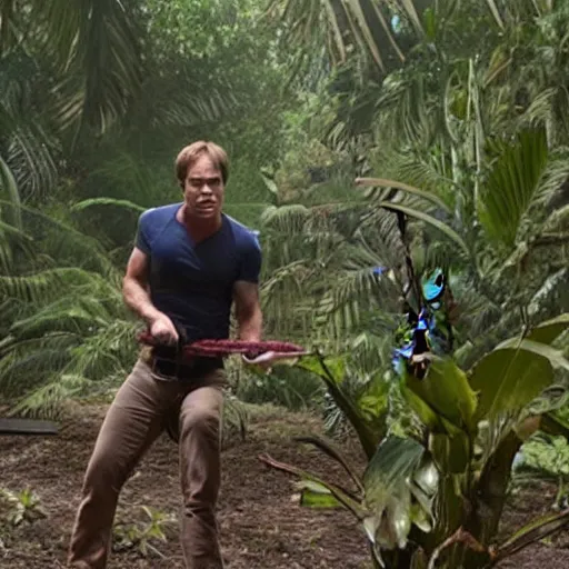 Prompt: dexter morgan rides a snake through the jungle found footage