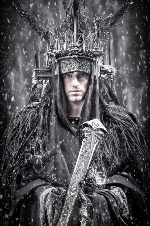 Image similar to dark gothic warlock king with an obsidian crown, details, mystery, witchcraft, dark magic, forbidden knowledge, dramatic lighting, dramatic mist, dark, intricate details, 4k