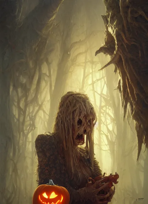 Image similar to highly detailed portrait of pumpkinhead, realistic, horror, fantasy art by greg rutkowski, stanley artgerm, loish, rhads, tom bagshaw, global illumination, radiant light, detailed and intricate environment