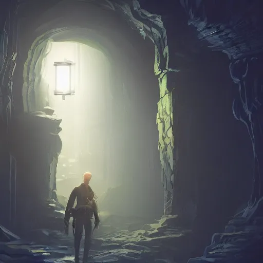 Image similar to A man with a flashlight explores a Dungeon, luminous, artstation