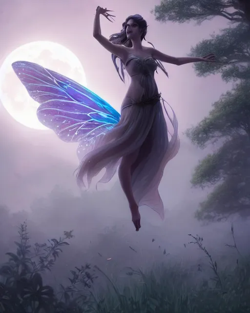 Image similar to attractive fairy goddness fly high in the night, d & d, fantasy, mist, full moon in background, trees, hyper detailed, art by artgerm and greg rutkowski and magali villeneuve, midium shot, 8 k realistic, cryengine, digital painting, trending on artstation, concept art, sharp focus, illustration,