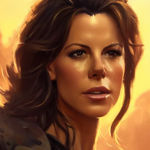 Image similar to closeup portrait of a kate beckinsale, seductive smile, soldier, army chiaroscuro, city background, golden hour, dramatic lighting, complementary contrast, high detail, painted by greg rutkowski, painted by igor kieryluk, trending on artstation