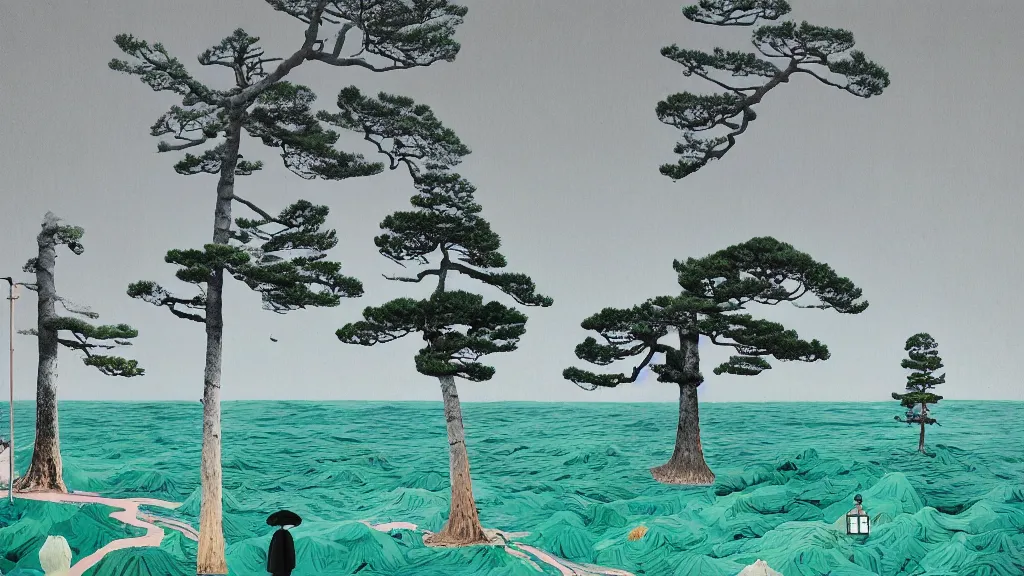 Prompt: a seaside landscape with sequoia trees, japan, a collage painting, in the style of wes anderson, lola dupre, david hockney, isolated on negative white space background dark monochrome neon spraypaint accents volumetric octane render