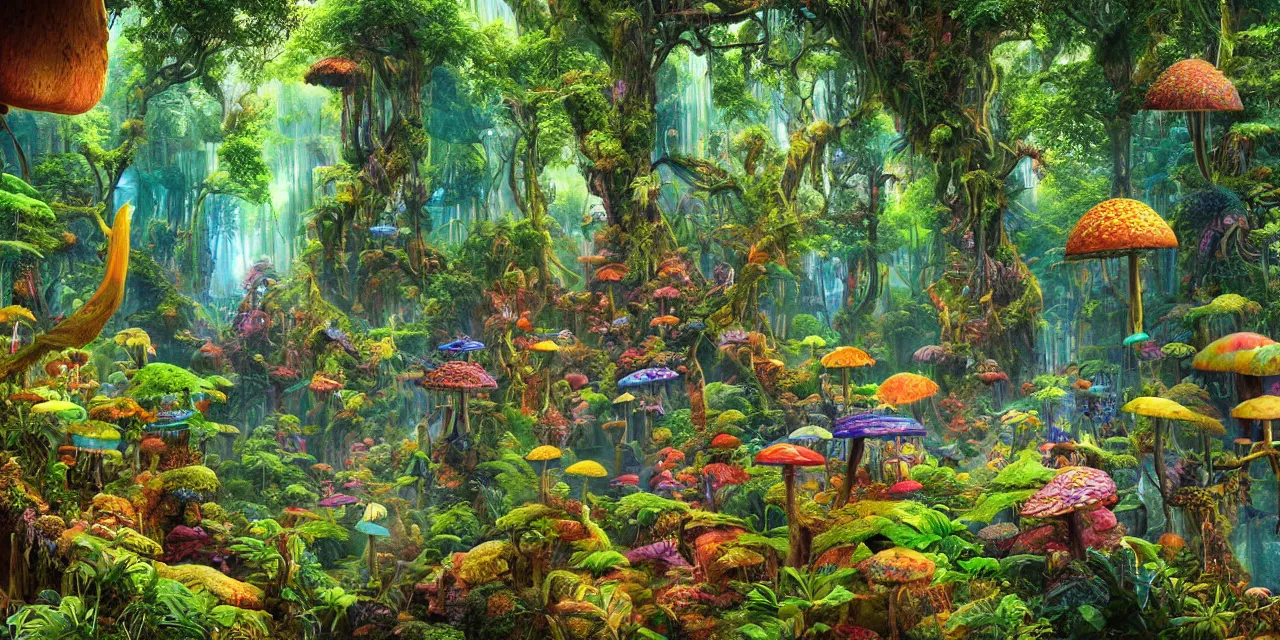 Image similar to lush rainforest in wonderland dmt tripping, sacred geometry details, psychedelic mushrooms, little aliens, by jean giraud, coherent, psychedelic, hyper realism, high detail, vivid colors, octane render, unreal engine, 8 k, smooth gradients, high contrast, depth of field by jacek yerka