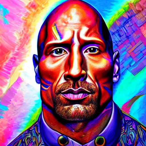 Prompt: An extremely psychedelic portrait of Dwayne Johnson, surreal, LSD, face, detailed, intricate, elegant, lithe, highly detailed, digital painting, artstation, concept art, smooth, sharp focus, illustration