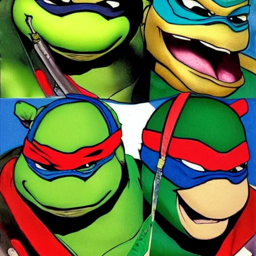 Prompt: teenage mutant ninja turtles in 1 9 9 0 s, photorealistic