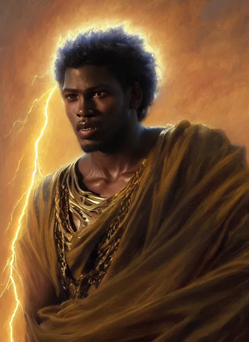 Prompt: young black man, god of lightning, flowing robes, powerful, smug expression, highly detailed painting by gaston bussiere, craig mullins, j. c. leyendecker 8 k, sparkling storm clouds