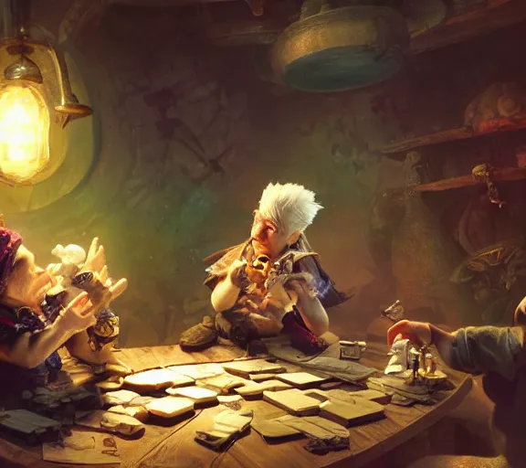 Prompt: a white haired dwarf and a pirate halfling playing with dice near a creak, craig mullins, wlop, highly detailed, colorful, unreal engine, octane render, dramatic lighting, cinematic composition,