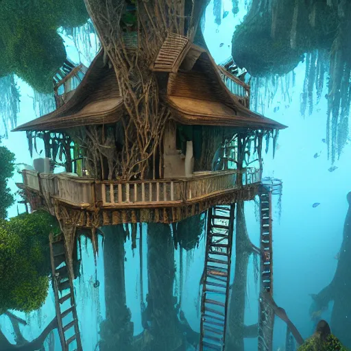 Prompt: underwater tree house, full - body : : symmetrical, eerie, insanely detailed, hypermaximalist, elegant, hyper realistic, super detailed, pastel colors, cinematic, unreal engine, 8 k,