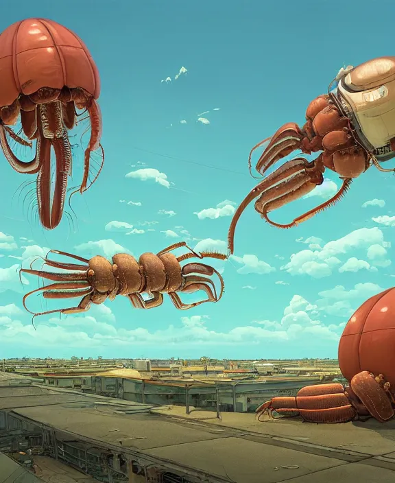 Image similar to inflated industrial plant made from fat isopod lobster octopus, in the style of puffy spaceship, botany, partly cloudy, spooky, dramatic lighting, by geof darrow, bill sienkiewicz, dan mumford, yusuke murata, makoto shinkai, ross tran, cinematic, unreal engine, cel shaded, featured on artstation, pixiv