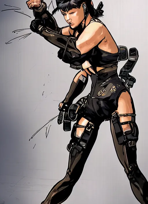 Prompt: chun li. cyberpunk mercenary in tactical harness and jumpsuit. spin kick. portrait by stonehouse and mœbius and will eisner and gil elvgren and pixar. realistic proportions. dystopian. cyberpunk 2 0 7 7, apex, blade runner 2 0 4 9 concept art. cel shading. attractive face. thick lines.