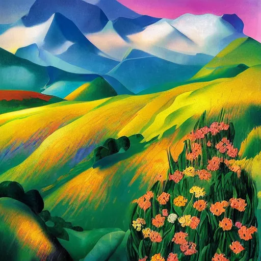 Image similar to mountain landscape in summer, flowers, teal landscape, dreamy light, sunny complementary palette, by and jacek yerga and tamara de lempicka and jesse king, pop surrealist, wiccan