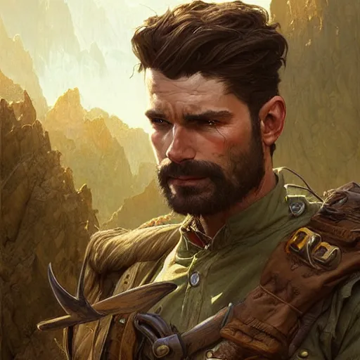 Prompt: portrait of a rugged male ranger looking back, masculine, D&D, muscular, fantasy, intricate, elegant, highly detailed, digital painting, artstation, concept art, smooth, sharp focus, illustration, art by artgerm and greg rutkowski and alphonse mucha