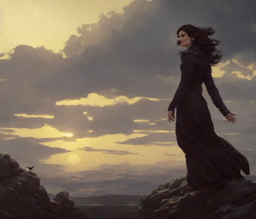 Prompt: portrait of rachel weisz. has wings. watches the sunset. confident pose. lush landscape. concept art by greg rutkowski, john j. park, jason chan, noah bradley, feng zhu, gintas galvanauskas, gustave courbet, rosa bonheur, edward hopper. sharp focus, cinematic atmosphere, detailed and intricate, perfect anatomy