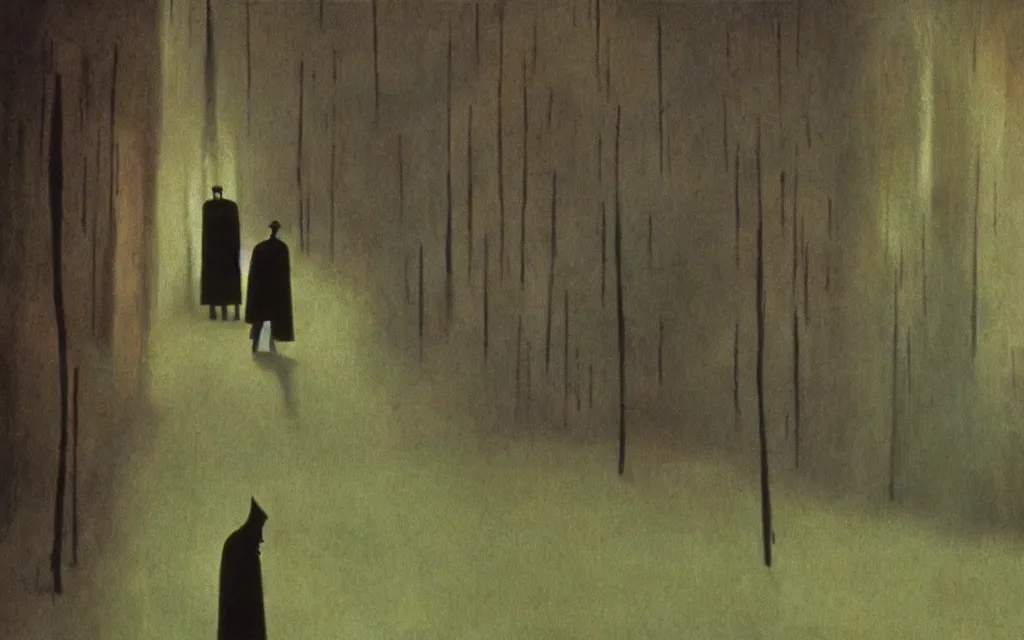 Image similar to high quality high definition colorized movie still from The Cabinet of Doctor Caligari: a lonely ghost walking alone at night in the woods, high quality oil painting, iridescent color palette