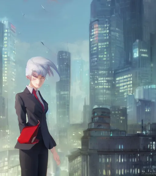 Image similar to a girl in a business, close up, sharp focus, red necktie, grey hair, smiling, city background, digital painting, by tran ross and jordan grimmer and greg rutkowski, anime art, artstation, hd, smooth,