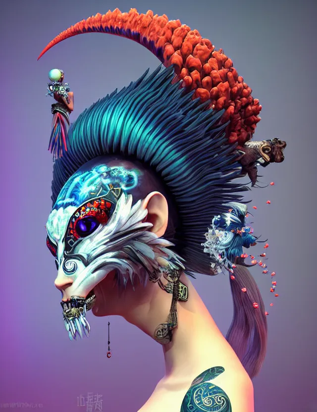 Image similar to 3 d goddess close - up profile portrait russian punk with mohawk with ram skull. beautiful detailed japanese crow kitsune mask and clasical japanese kimono. betta fish, jellyfish phoenix, bio luminescent, plasma, ice, water, wind, creature, artwork by tooth wu and wlop and beeple and greg rutkowski