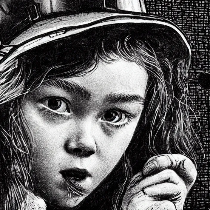 Prompt: extreme close - up on sadie sink as a miner : drinks water from an ikea water glass. background : black tiles on walls. black and white, pencil and ink. by gabriel hardman, joe alves, chris bonura. cinematic atmosphere, detailed and intricate, perfect anatomy