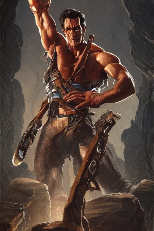Prompt: Ash Williams from The evil dead, Very muscular, manowar album,intricate, elegant, highly detailed, digital painting, artstation, concept art, empty hands, smooth, sharp focus, illustration, art by artgerm and greg rutkowski and alphonse mucha