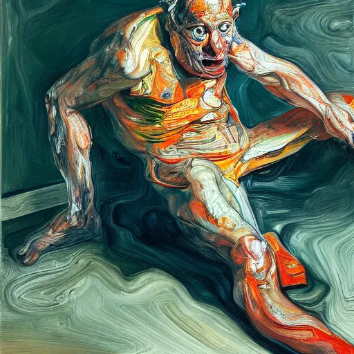 Image similar to high quality high detail painting of a man in agony by lucian freud and edward hopper and jenny saville and francis bacon, hd, dark demonic dancer, turquoise and orange