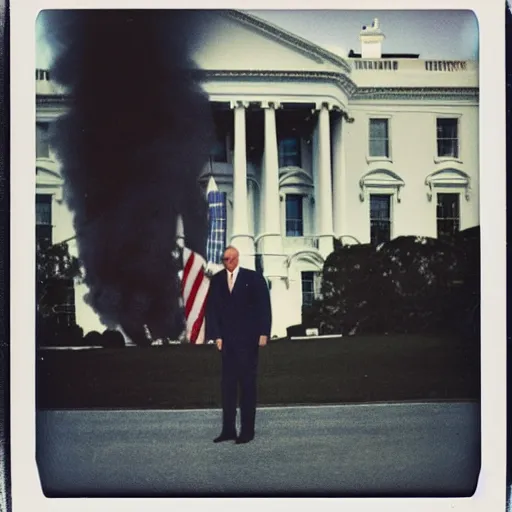 Image similar to polaroid photograph of Joe Biden standing in front of the white house on fire