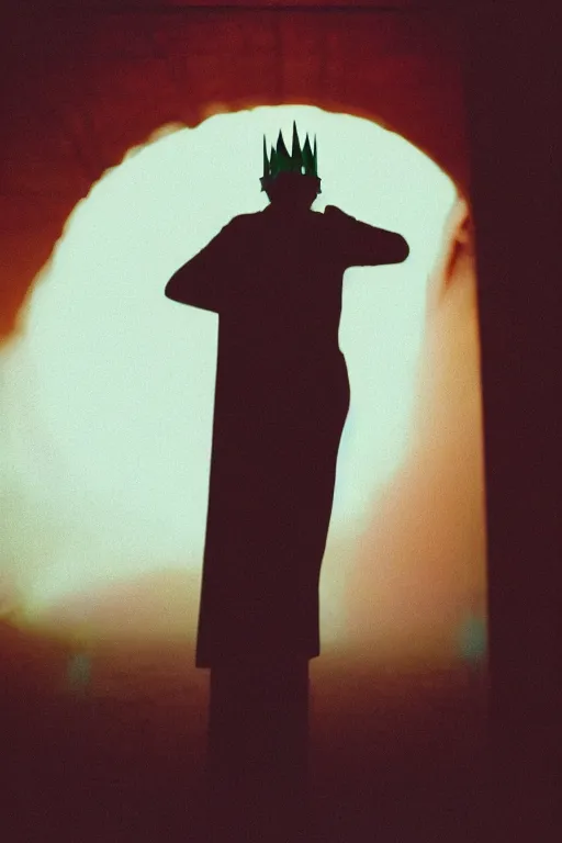 Prompt: agfa vista 4 0 0 photograph of a guy wearing an elaborate tall gothic crown, back view, synth vibe, vaporwave colors, lens flare, moody lighting, moody vibe, telephoto, 9 0 s vibe, blurry background, grain, tranquil, calm, faded!,