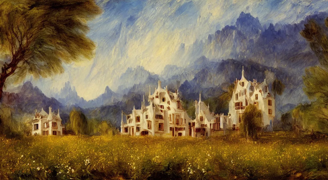 Image similar to a landscape painting of a house designed by Antoni Gaudí, with flower fields as foreground, with mountains as background, by J. M. W. Turner