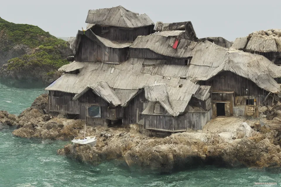 Prompt: seashell shaped house where the lone fisherman lives, in the style of ruan jia