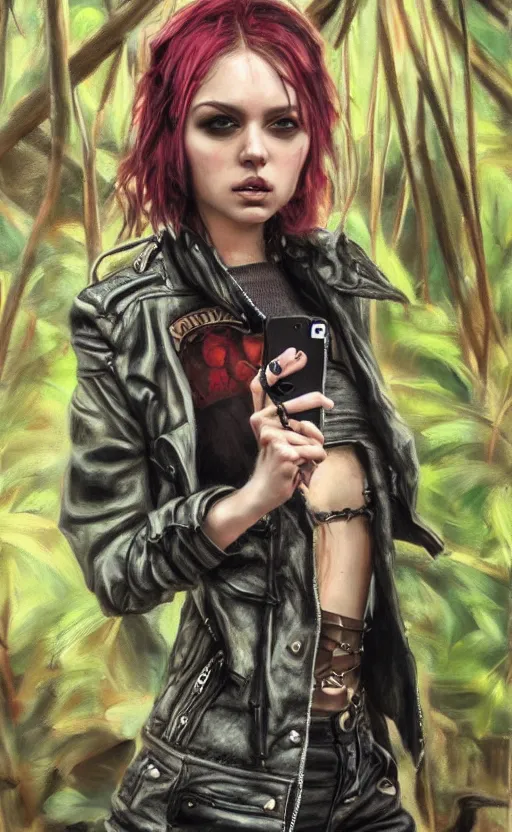 Image similar to cute punk rock girl making selfie in jungles, mad max jacket, renaissance, cables on her body, hyper realistic style, oil painting, fantasy by Olga Fedorova