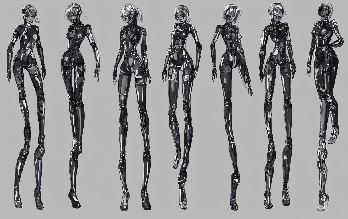 Prompt: character outfit concepts for a beautiful female cyberpunk with robotic arms in a semi-transparent plastic bodysuit and knee high boots by Sakimi Chan; each design is centred and arranged in a straight line; clear character silhouette, high clarity outfit design; perfect anatomy, trending on artstation; clear shapes, clean edges, full body