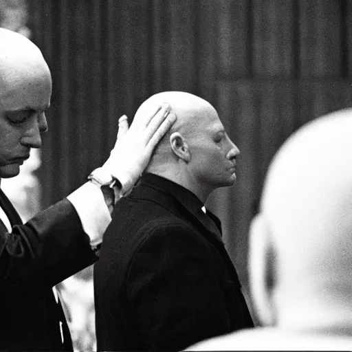 Prompt: 3 5 mm photograph of a bald donald trump praying at church on sunday