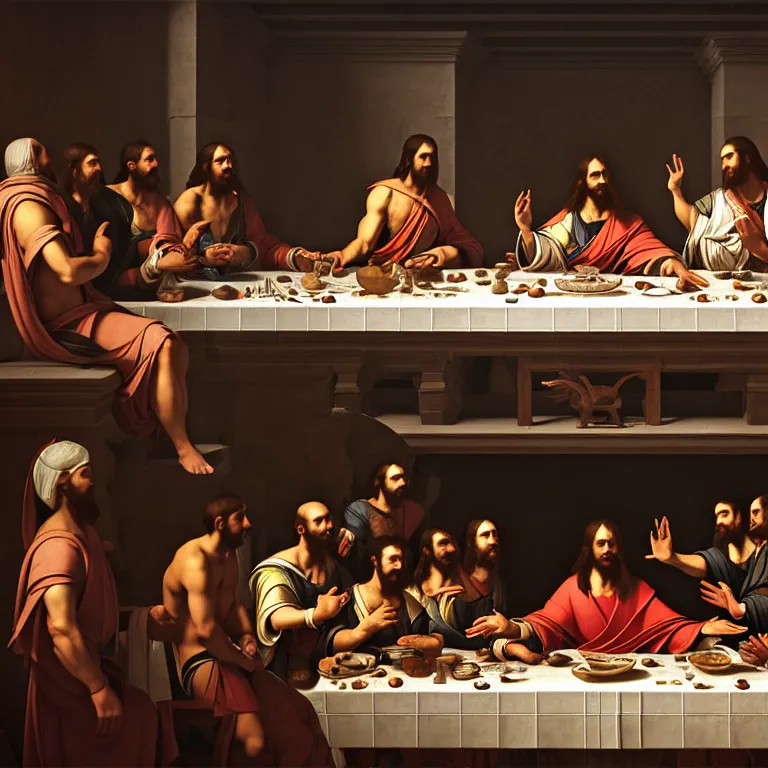 Prompt: The last supper in ancient egypt, dream-like atmosphere, symmetrical baroque painting, perfect composition, beautiful detailed intricate insanely detailed octane render trending on Artstation, 8K artistic photography, photorealistic, soft natural volumetric cinematic perfect light, chiaroscuro, award-winning photograph, masterpiece, Raphael, Caravaggio, Greg Rutkowski, Beeple
