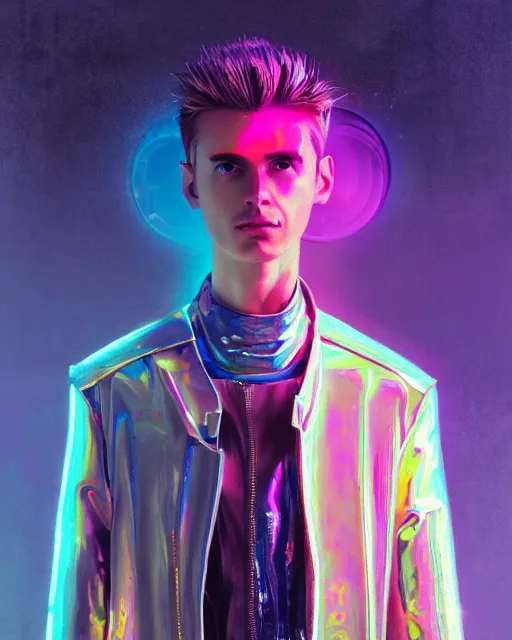 Image similar to detailed portrait of European Pale Blonde hair Stylish Guy Sheen Holographic Jacket coat, Futuristic sci-fi fashion, royal attire Akira, Evangelion, cyberpunk, neotokyo, synthwave, aesthetics, futuristic, low-emission-neon, bladerunner movie scene by ismail inceoglu dragan bibin hans thoma greg rutkowski Alexandros Pyromallis Nekro Rene Margitte illustrated Perfect face, fine details, realistic shaded, fine-face, pretty face sharp chine