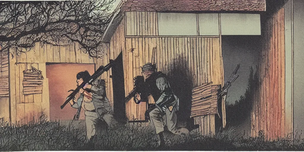 Prompt: colored matte illustration, 1 9 8 0 s stephen king thriller, a man with a rifle hiding in a village, japanese illustrator, american rural area,