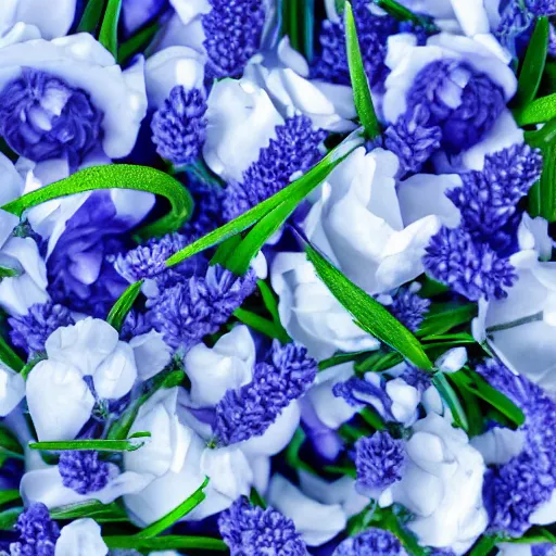 Image similar to cool blue perfume on a white surface surrounded by a plethora of cool blue and lavendar flowers and green stems, bright white realistic, up close shot, white background, zen, light, modern minimalist f 2 0