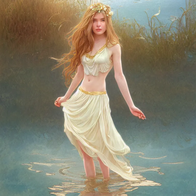 Image similar to highly detailed portrait of a barefoot white skirt girl stand on the water, water surface reflection, the calm sea level, gold filigree, romantic storybook fantasy, soft cinematic lighting, award, disney concept art watercolor illustration by mandy jurgens and alphonse mucha and alena aenami, pastel color palette, featured on artstation