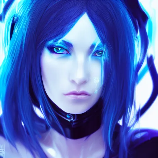 Image similar to a close up of a woman with blue hair, cyberpunk art by Artgerm, featured on cgsociety, fantasy art, deviantart, 2d game art, deviantart hd