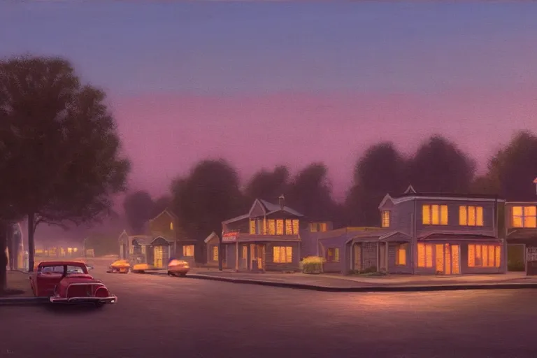 Image similar to a detailed cinematic render of a utopian 1 9 5 0 s american neighborhood at sunset by steven outram, photoreal