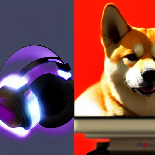 Image similar to shiba inu wearing a gaming headset, playing on computer with screen glowing on face, digital art