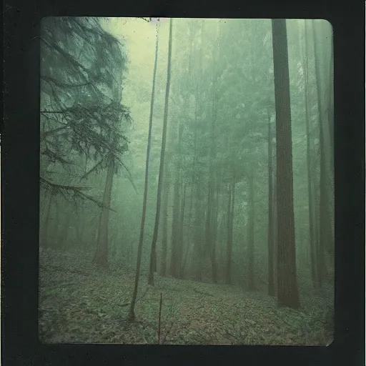 Prompt: you are lost in the forest, polaroid, surrended, foggy