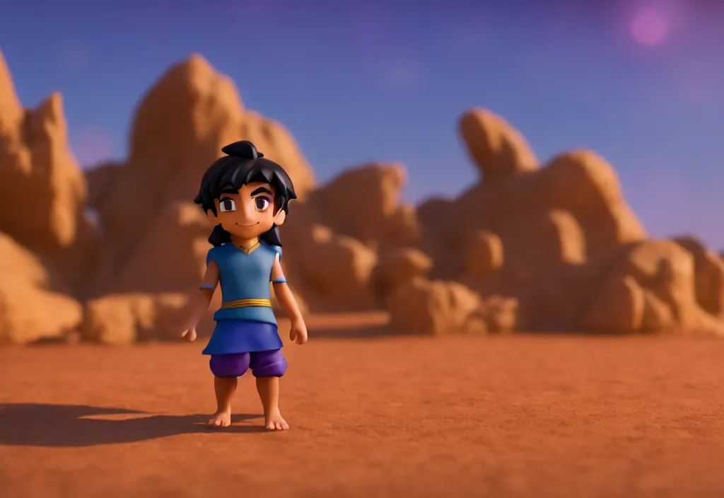 Image similar to side view of young aladdin as nendoroid walking in a desert village, 8 k, hd, dof, kodak film, volumetric lighting, subsurface scattering, photorealistic, octane render