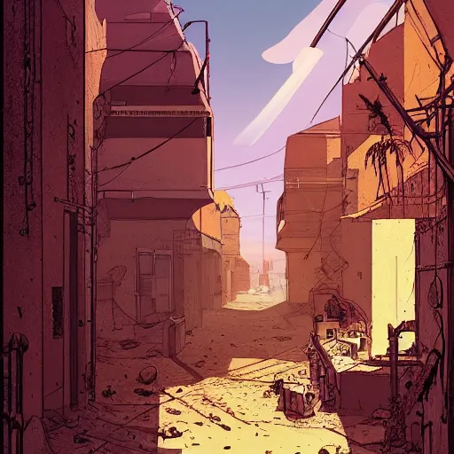 Prompt: an illustration of an abandoned alleyway. slum town on an alien desert world. beautiful lighting. moebius. digital illustration.