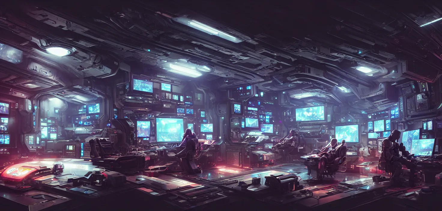 Image similar to a hyper detailed octane render concept art by xision wu, kerem beyit, sandara tang portrait of cyberpunk panel control spaceship room, dim lighting, detailed portraits, unreal engine 5, highly rendered, digital painting, hyper realistic, photo realistic, artstation, concept art, smooth, sharp focus perfect horizontal, symmetry illustration, detailed and intricate environment artstation hq