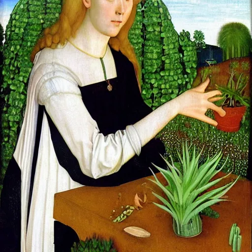 Image similar to painting by Roger Van Der Weyden of a beautiful blonde woman with shoulder length hair in a forest green dress putting colorful succulents into rainbow pots at a square table