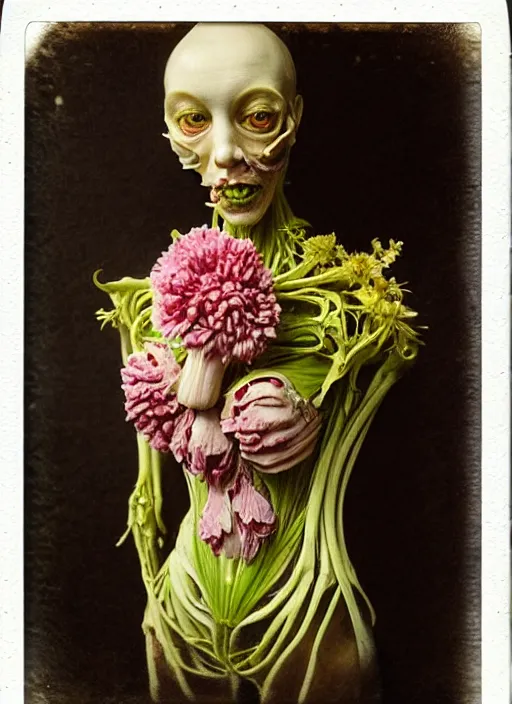 Image similar to beautiful and detailed rotten woman made of plants, carnation, chrysanthemum, tulips, muscles, intricate, organs, ornate, surreal, john constable, guy denning, gustave courbet, caravaggio, romero ressendi 1 9 1 0 polaroid photo