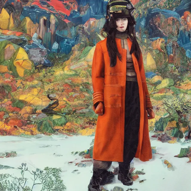 Image similar to portrait of alone androgynous girl wearing long orange vintage leather coat, bakelite rocky mountains, moss green japanese haunted forest background, ultrafine hyperdetailed illustration by hsiao - ron cheng and artgerm, wearing giant modular synthesizer 8 0 s sony stereo helmet and backpack, the grand budapest hotel, glow, no crop, digital art, artstation, pop art